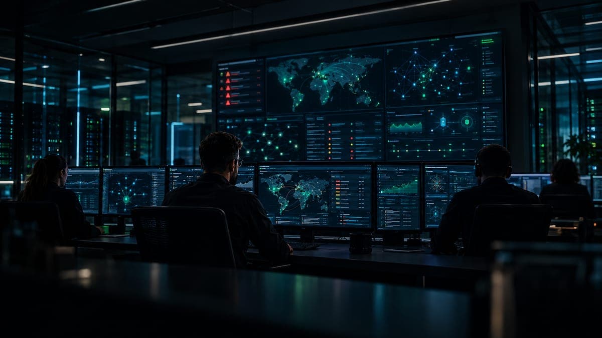 SOC analysts with monitoring dashboards